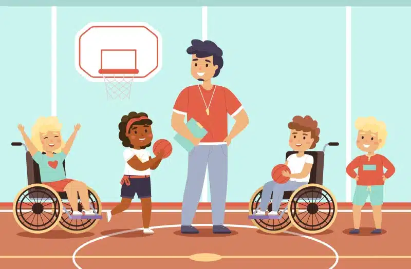 Disabled kid sport. Happy children in gym with coach, fun young wheelchair athletes, mixed sports team, active equal rivals. Students play basketball.