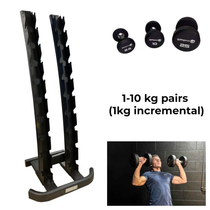 1-10 kg Rubber Dumbbells Set & Vertical Storage Rack