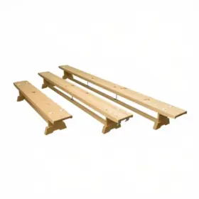 Three light timber benches with metal support frames arranged on a white background.