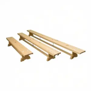 Three light timber benches with metal support frames arranged on a white background.