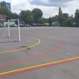 Colourful line markings and goal installation