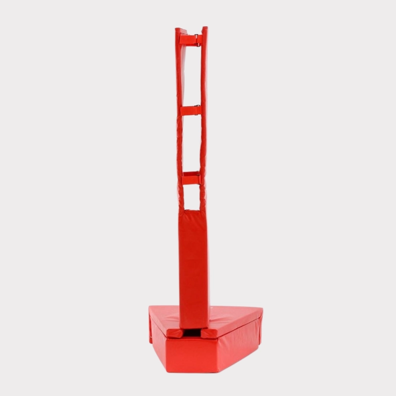 A red padded sports goal post with a triangular base and rectangular pole, designed for safety. Isolated on a plain white background.