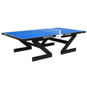 Sportsafe blue outdoor table tennis table with a central net and black steel support frame.