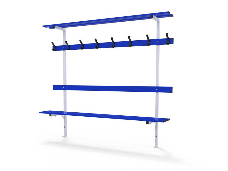 Changing room standard bench with backrest, peg rail and shelf