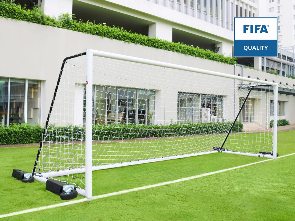 FIFA-certified 11-a-side football goal | 24 x 8ft (7.32 x 2.44m) | 100 x 120mm aluminium tube | Integrated 360° wheel kit