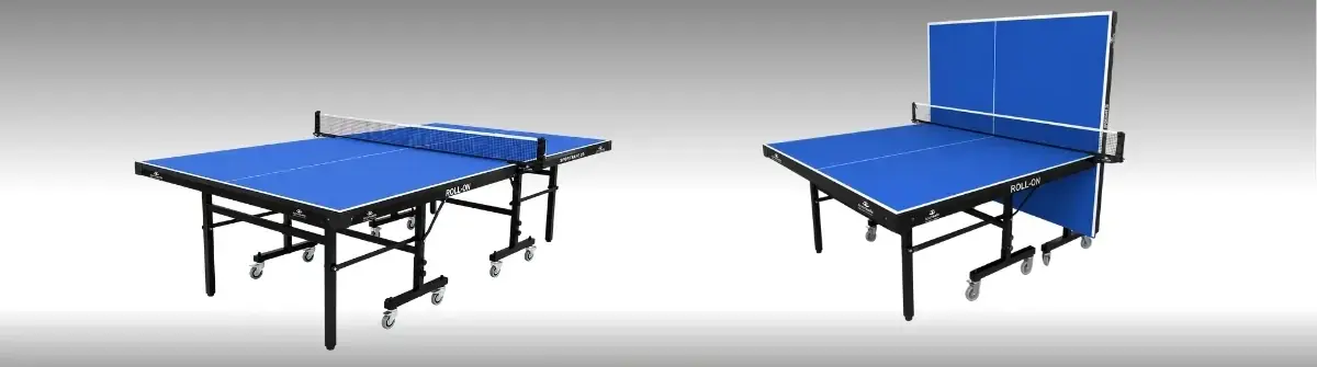 Two blue Sportsafe table tennis tables next to each other. One is open and one is half closed