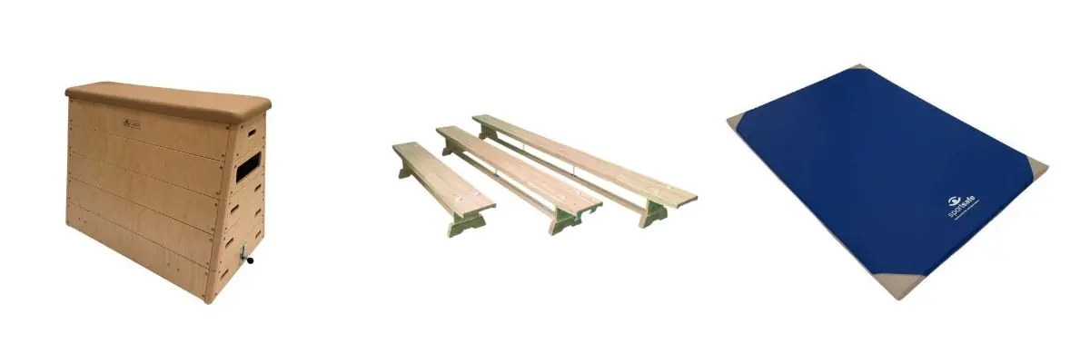 A Sportsafe Vaulting Box, three gymnastics benches and gymnastics mat on a white background